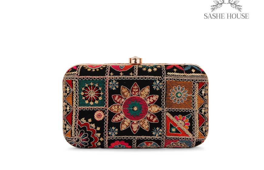 Black Embroidered Clutch Bag: Handcraft Bags In Gurugram